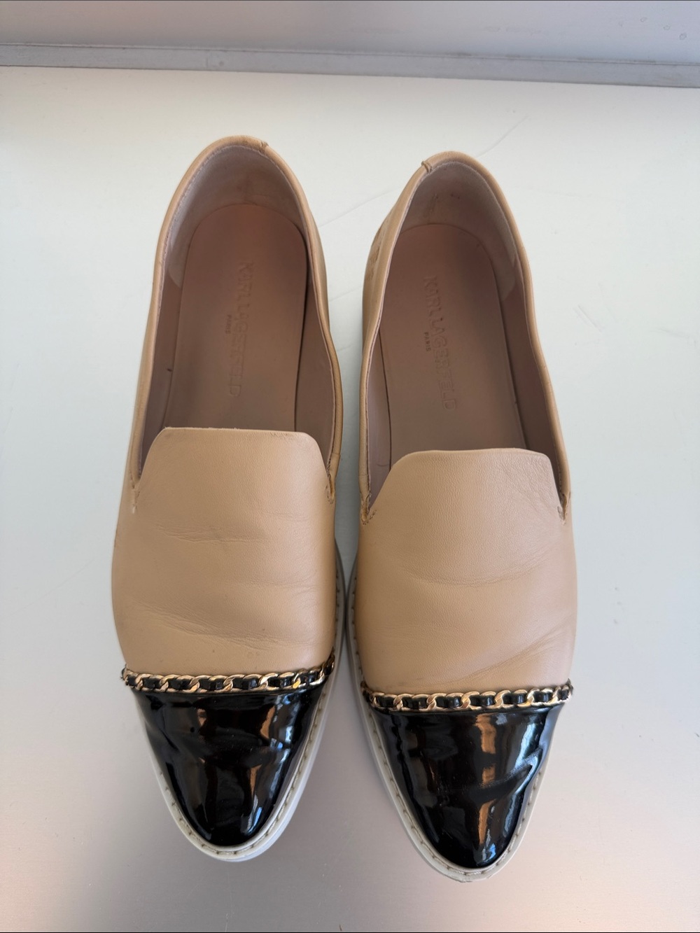 Karl Lagerfeld Tan Leather Slip-On Loafers with Black Patent Cap & Gold Chain